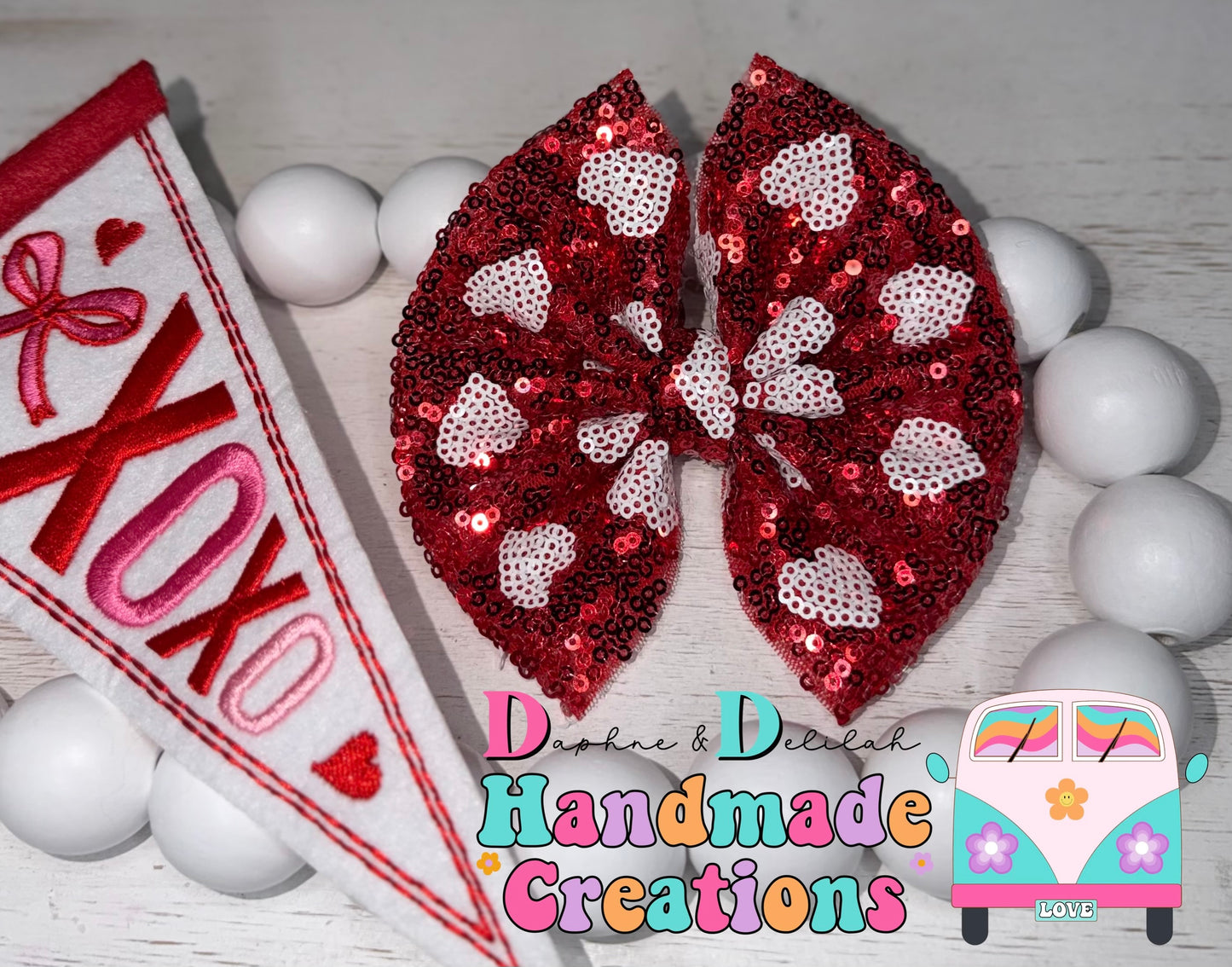 White Hearts On Red Sequins