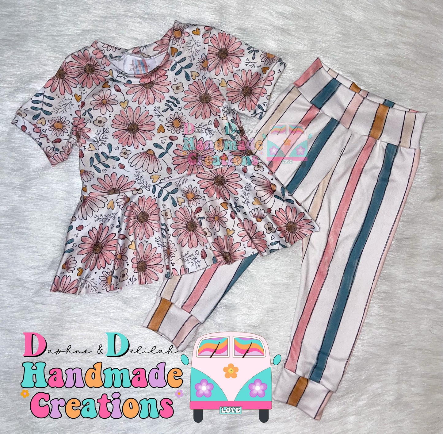 Pink Floral Short Sleeve Peplum & Stripe Legging Set (Or Individual)