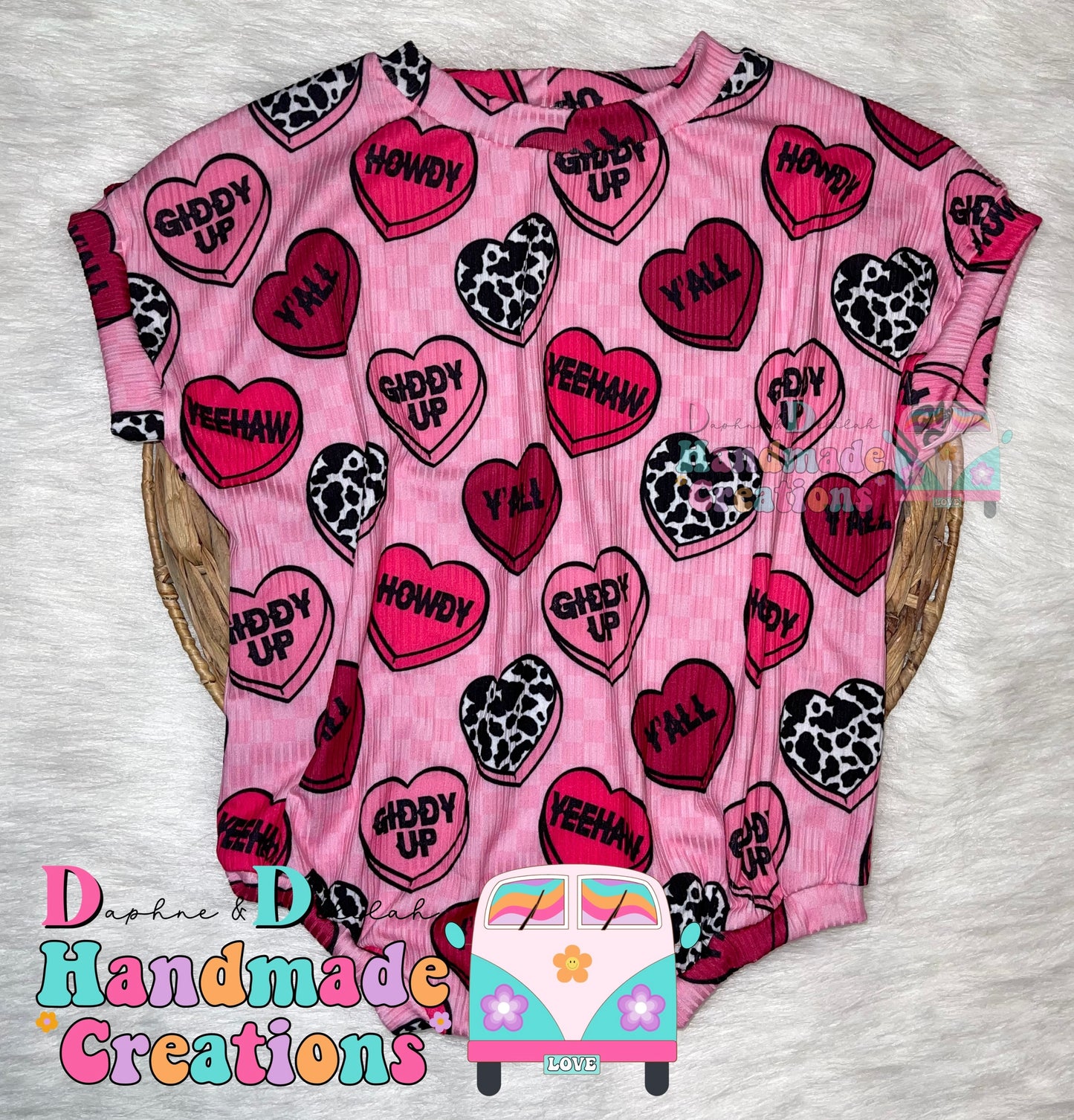 Cowgirl Pink Conversation Hearts Oversized Rompers