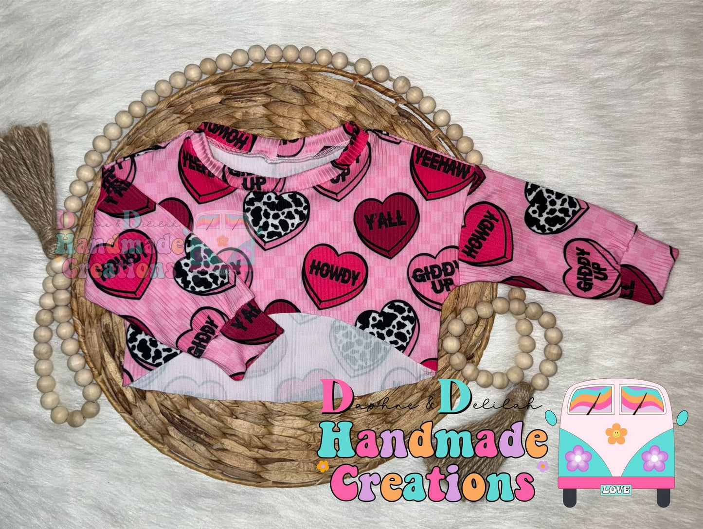 Pink Western Cow Heart LS Honey Top
