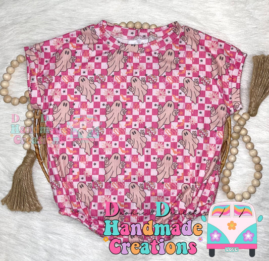 Pink Ghost & Checkered Short Sleeve Oversized Rompers