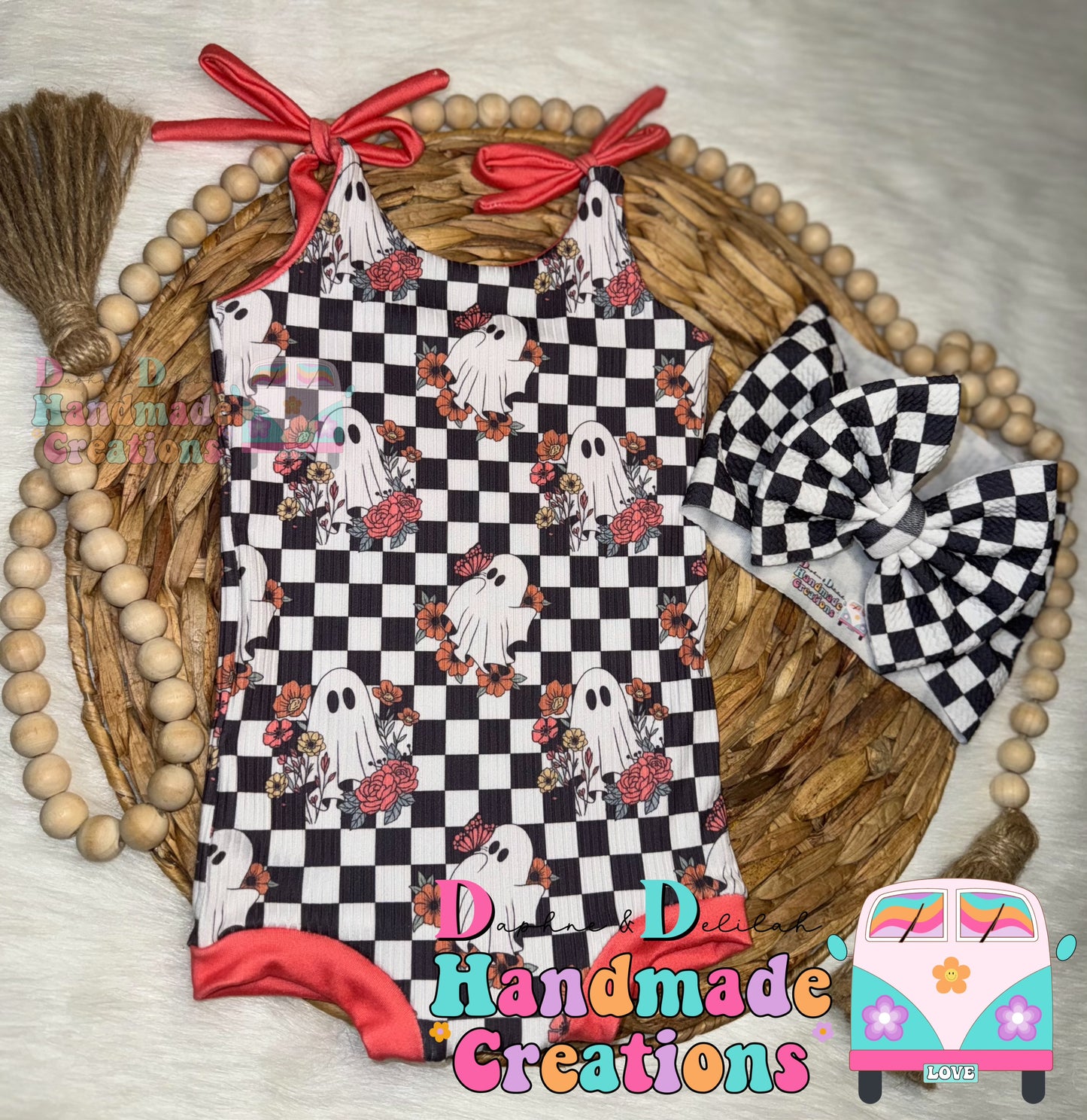 Groovy Checkered Ghost Tie Strap Bodysuit