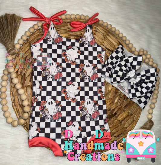 Groovy Checkered Ghost Tie Strap Bodysuit