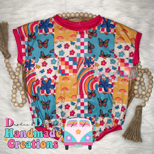 Groovy Butterfly Patchwork Oversized Rompers